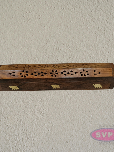 Handcrafted Wooden Incense Stick Holder Box with Brass Elephant Inlay