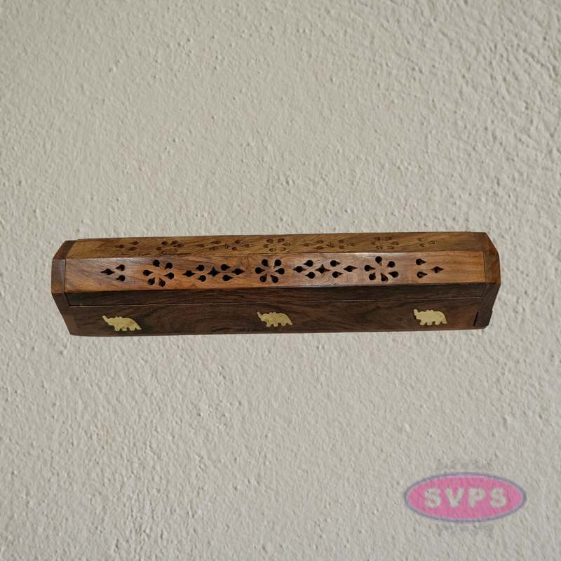 Handcrafted Wooden Incense Stick Holder Box with Brass Elephant Inlay
