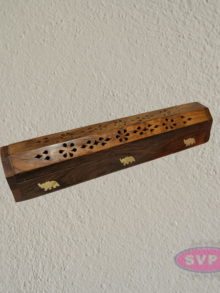 Handcrafted Wooden Incense Stick Holder Box with Brass Elephant Inlay
