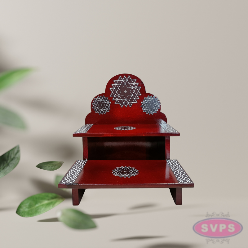 Wooden 2 Step Pooja Stand with Arch Design – Red Finish