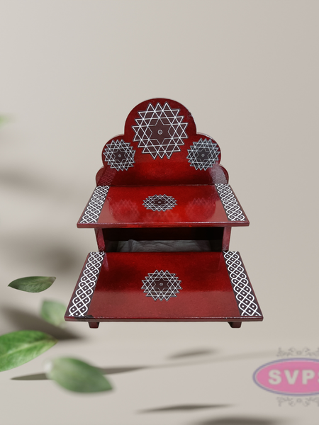 Wooden 2 Step Pooja Stand with Arch Design – Red Finish