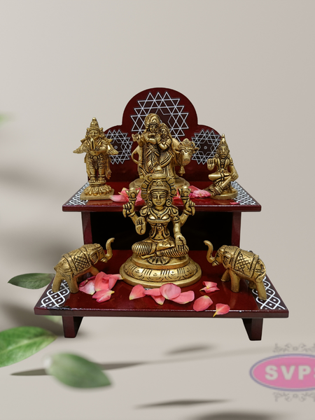 Wooden 2 Step Pooja Stand with Arch Design – Red Finish