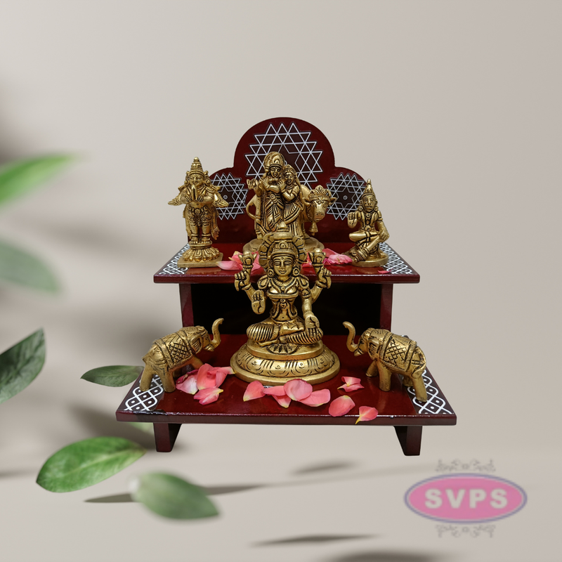 Wooden 2 Step Pooja Stand with Arch Design – Red Finish