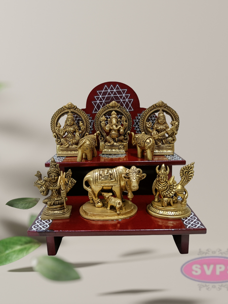 Wooden 2 Step Pooja Stand with Arch Design – Red Finish