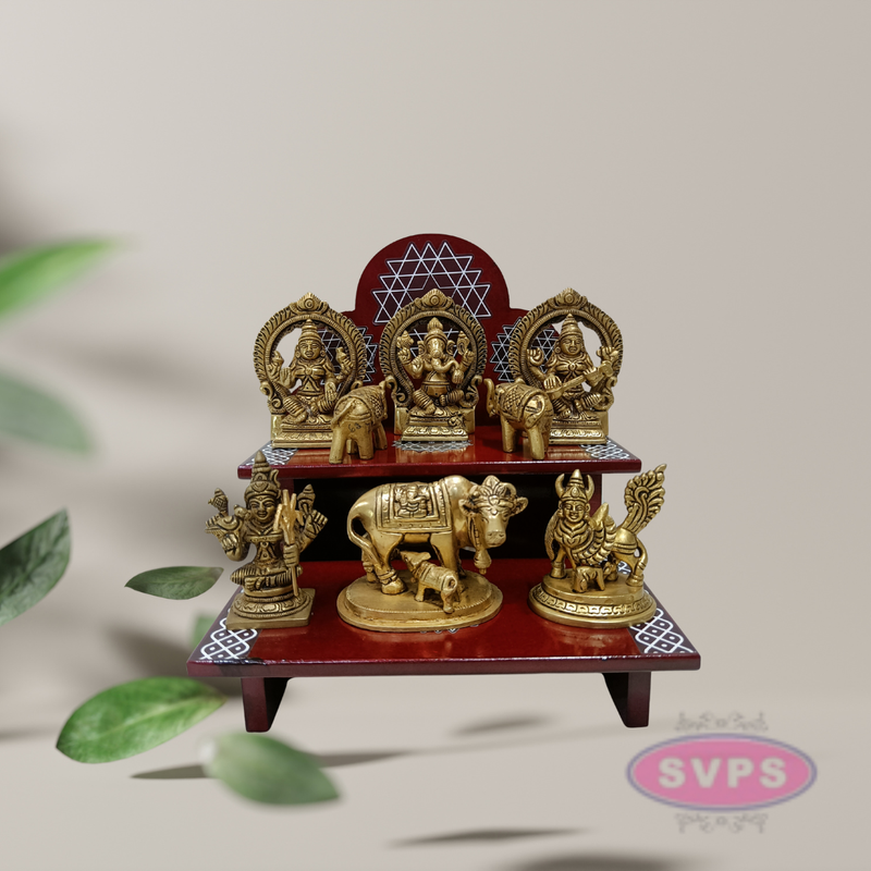 Wooden 2 Step Pooja Stand with Arch Design – Red Finish