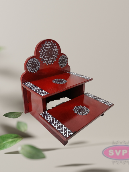 Wooden 2 Step Pooja Stand with Arch Design – Red Finish