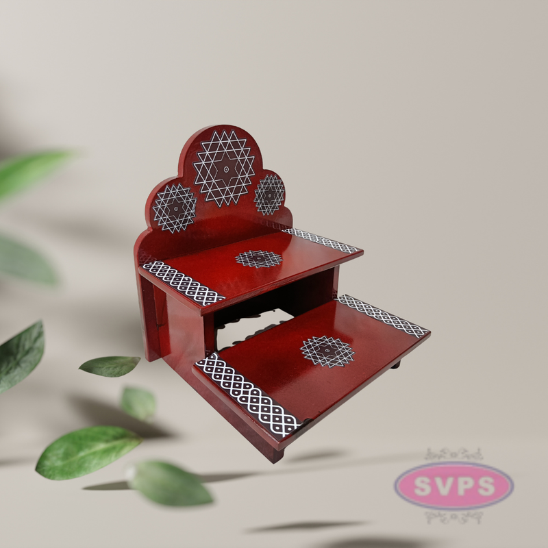 Wooden 2 Step Pooja Stand with Arch Design – Red Finish