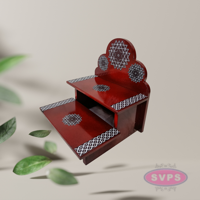 Wooden 2 Step Pooja Stand with Arch Design – Red Finish
